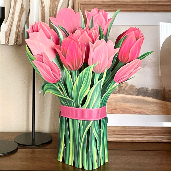 11-Inch Pop-Up Floral Bouquet - Pink Tulips