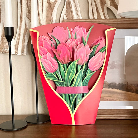 11-Inch Pop-Up Floral Bouquet - Pink Tulips