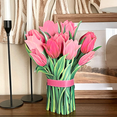 11-Inch Pop-Up Floral Bouquet - Pink Tulips